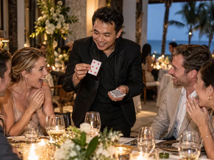 An Indonesian close-up magician sharing a card trick with international guests